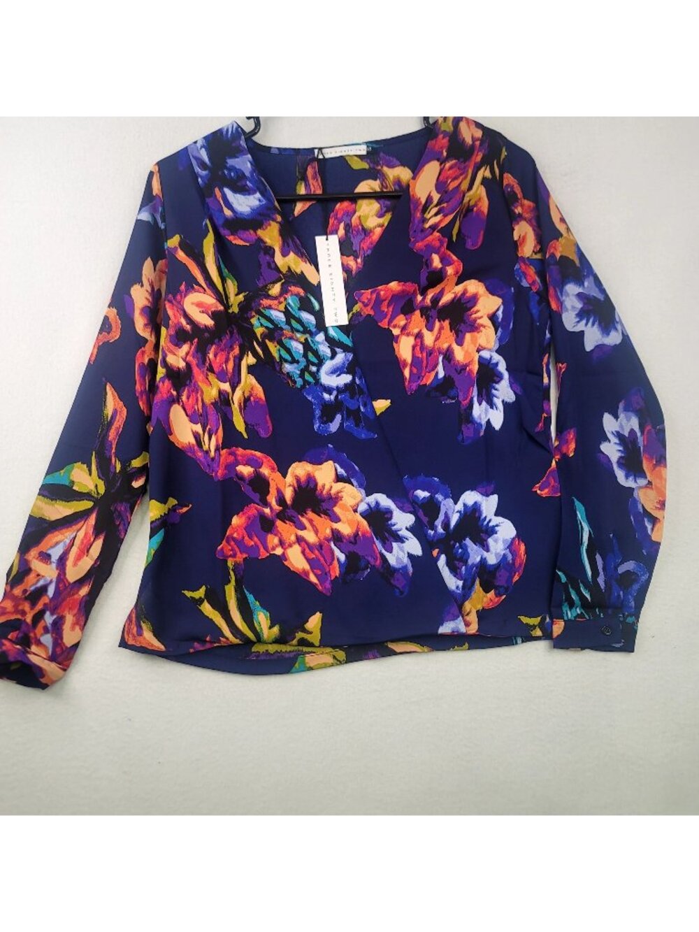 Three Eighty Two Long Sleeve Faux Wrap Blouse XS Blue Feminine Office Career
